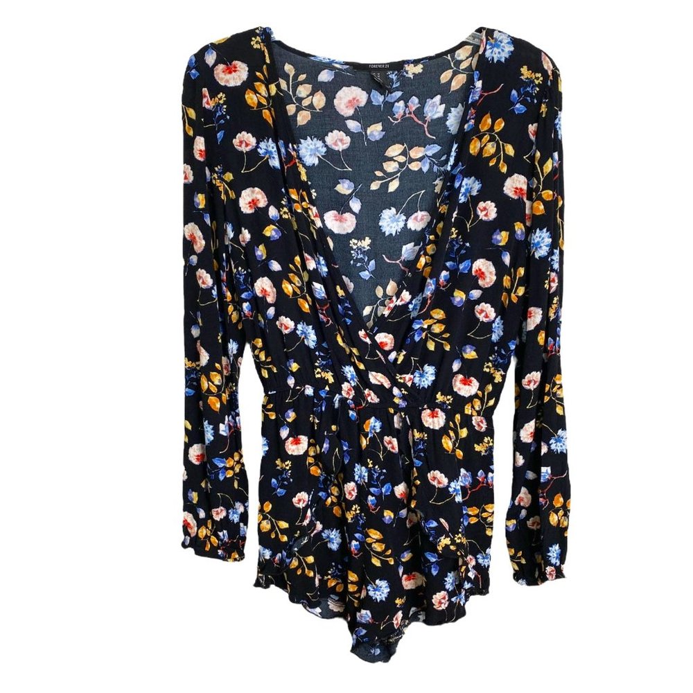 Forever 21 Womens Multicolored Ditsy Print V-Neck Romper with Overlay Size M